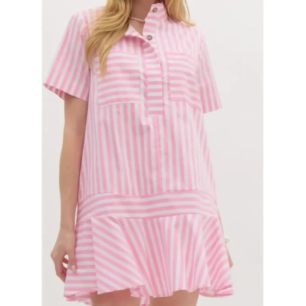 New ENTRO Women's Pink/Blue Parker Striped Tiered Hem Mini Dress Size L Babydill - Picture 6 of 6
